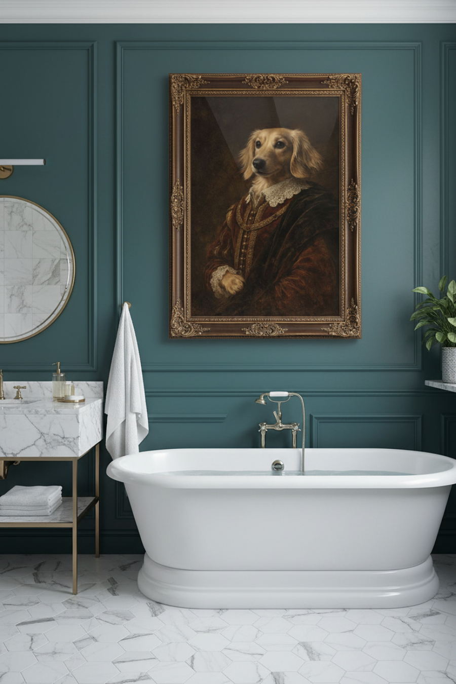 Bathroom with a white freestanding bathtub, teal walls, and a framed portrait of a dog.