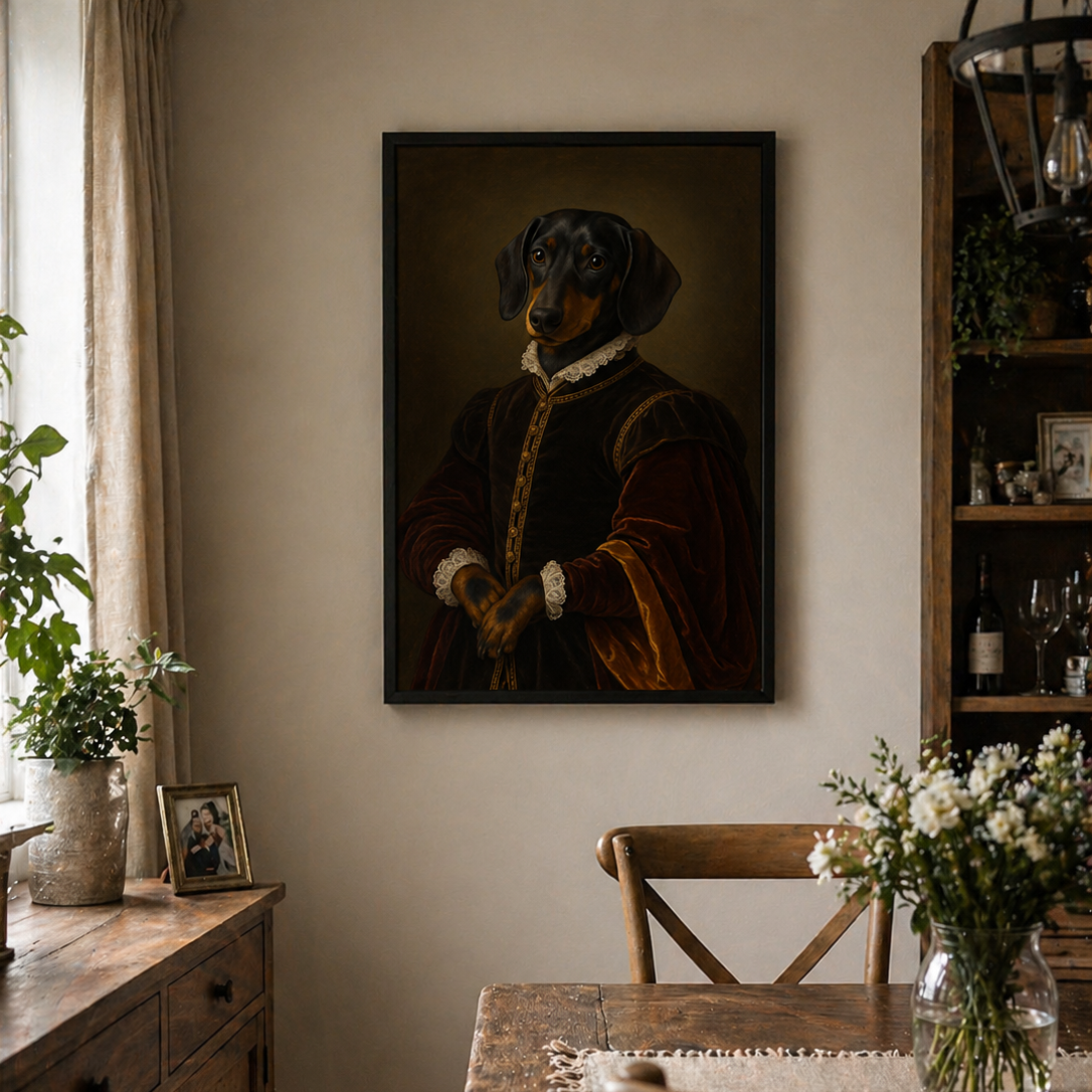 Dining room with a framed portrait of a dog on the wall, wooden table, and sideboard.