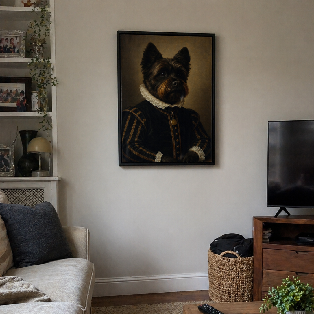 Living room with a dog portrait on the wall, sofa, coffee table, and TV.